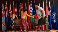 ILO Assistant Director-General and Regional Director for Asia and the Pacific Chihoko Asada-Miyakawa greets Fiji President Wiliame Katonivere.