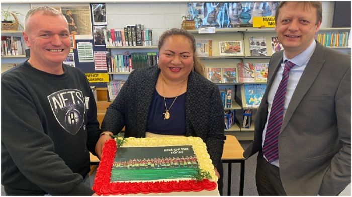 From left; Co-authors David Riley, 'Alisi Tatafu and Mangere College Principal Tom Webb at the launch of the book "The Rise of the To'a