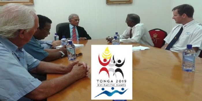 Palēmia 'o Tonga 'i he'ene fakataha mo e Palesiteni Kosilio Sipoti 'a e Pasifiki Vidya Lakhan mo e kau 'ofisiale mei he Kosilio Sipoti 'a e Pasifiki 'i Nuku'alofa