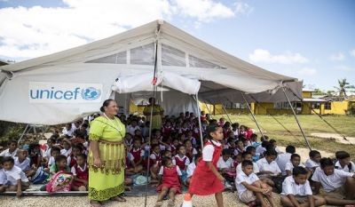 Tents are being used as temporary classrooms after the destruction of Cyclone Gita